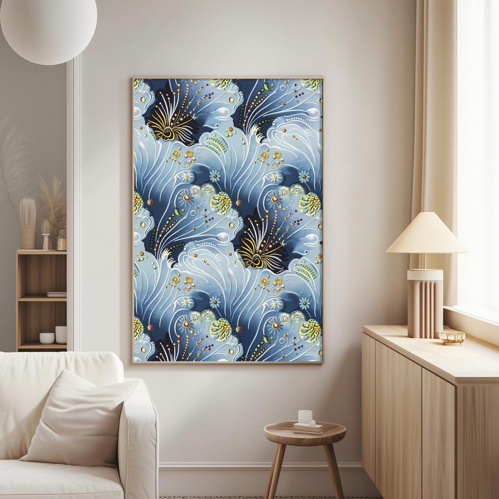 a large, colorful, abstract painting hanging on a wall in a living room. The painting has a blue and yellow color scheme with intricate patterns and designs. The room has a white sofa, a wooden side table, and a lamp on a table next to the sofa.