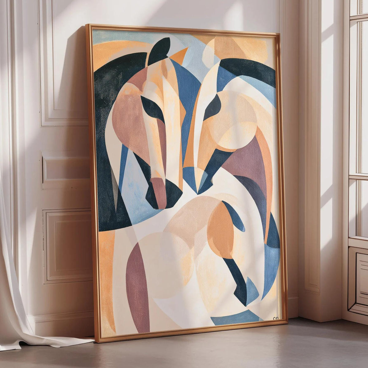 a large abstract painting of two stylized horses, with bold geometric shapes and colors. The painting is displayed on a white wall, and the room has a window that allows natural light to illuminate the artwork.
