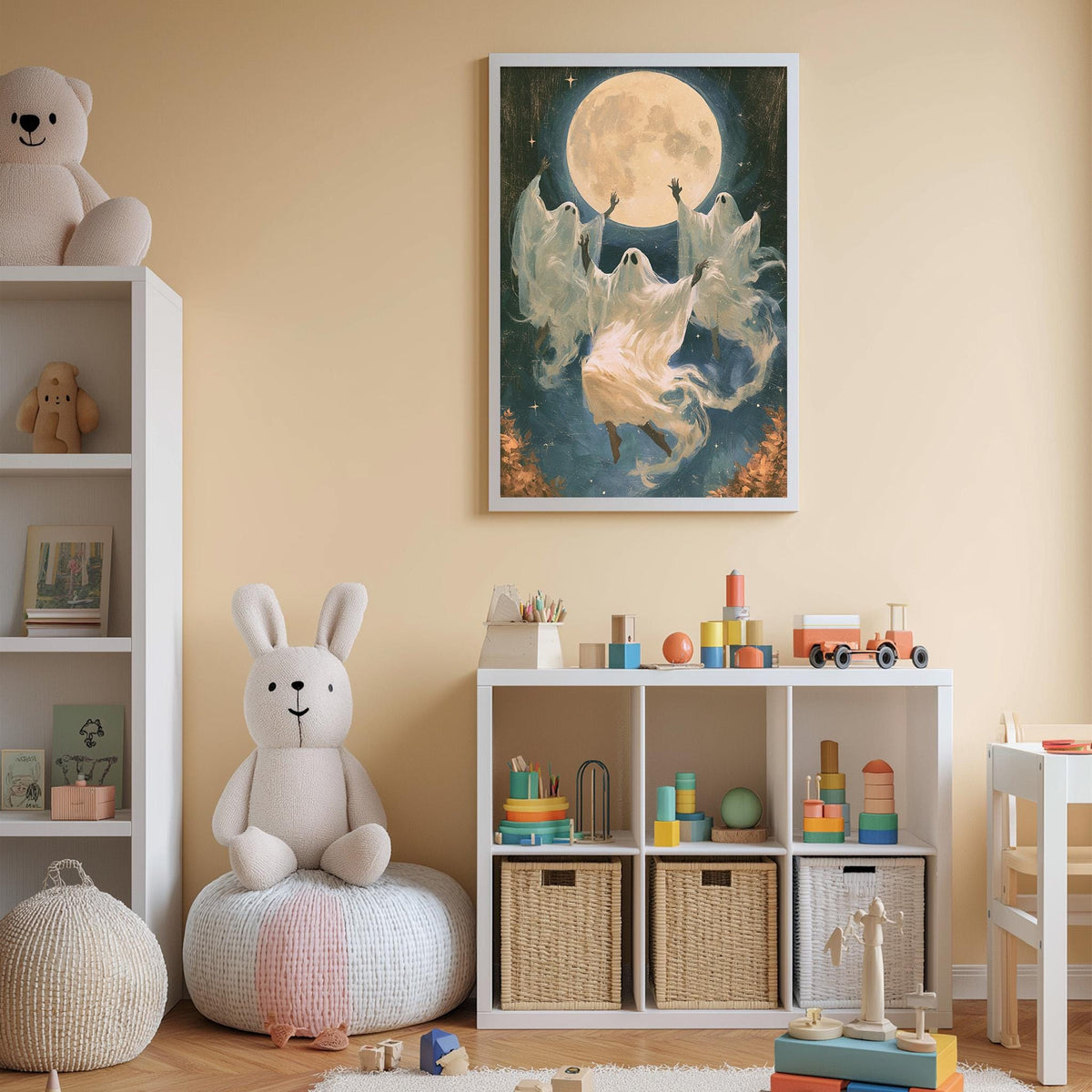 A cozy children's bedroom with a large stuffed bunny, a bookshelf, and a toy chest filled with toys. The room has a warm, inviting atmosphere with a large painting of a ghost and a full moon hanging on the wall.