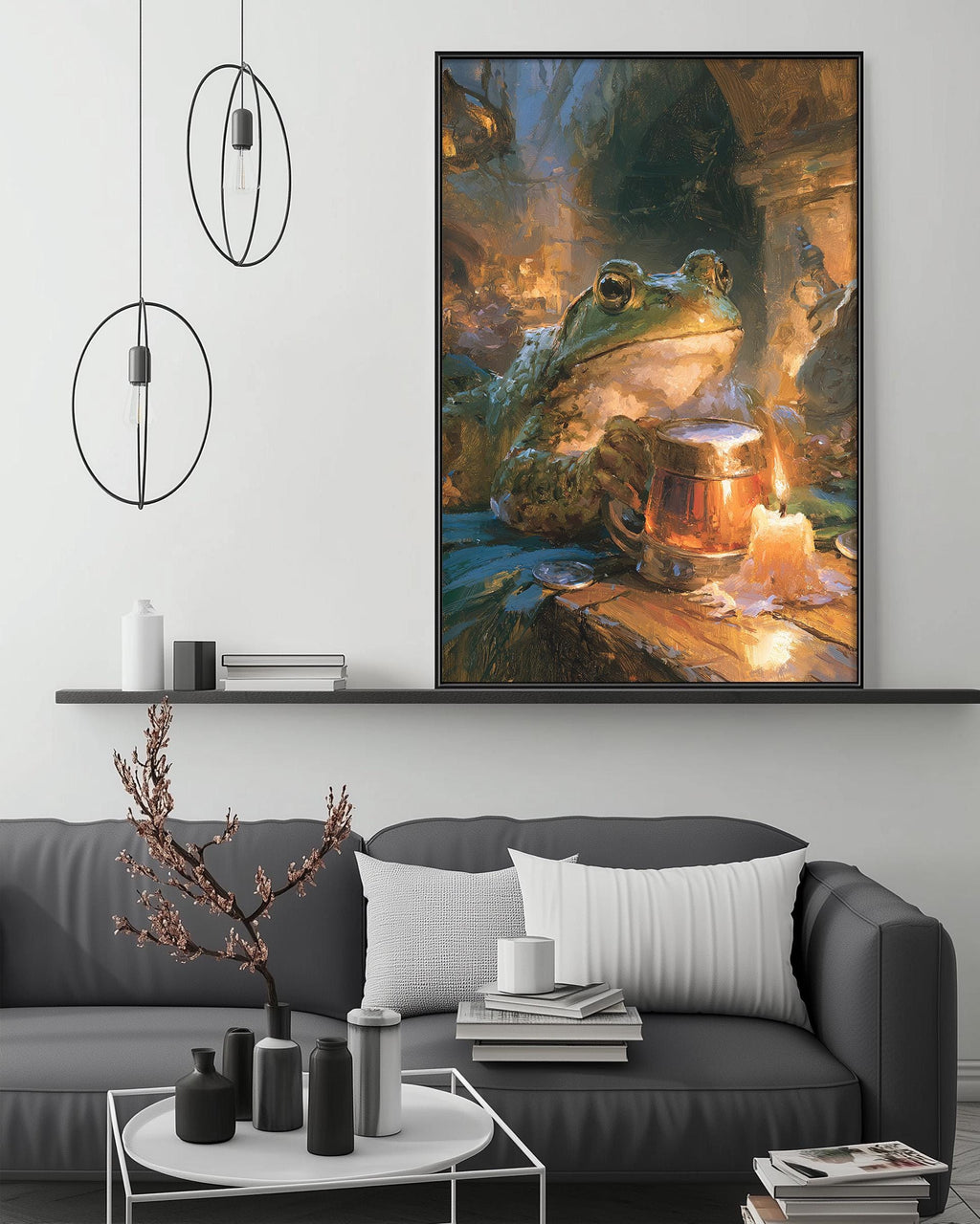 a large painting of a frog sitting on a table with a candle, surrounded by a cozy living room setting with a gray couch, a coffee table, and decorative elements.