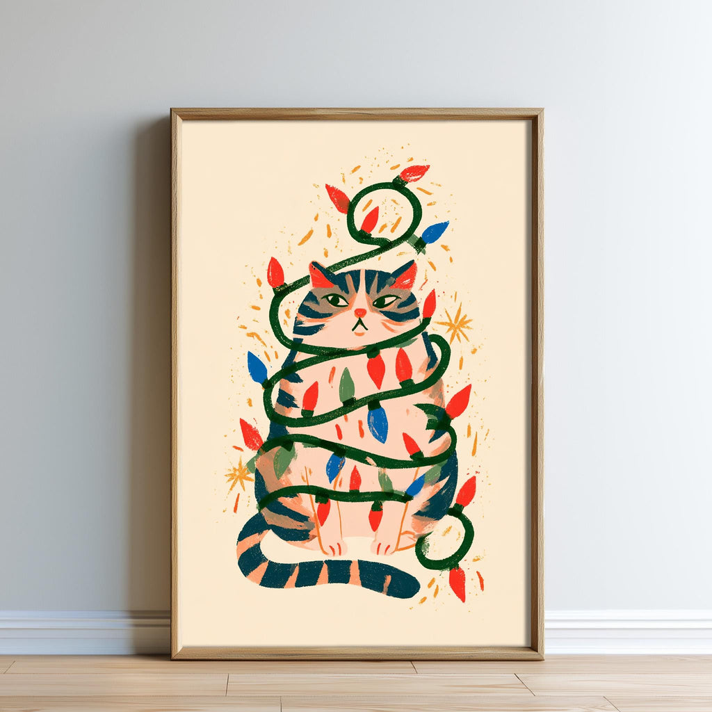 A framed illustration of a cat sitting in a tree, surrounded by colorful lights and decorations, creating a festive and whimsical scene.