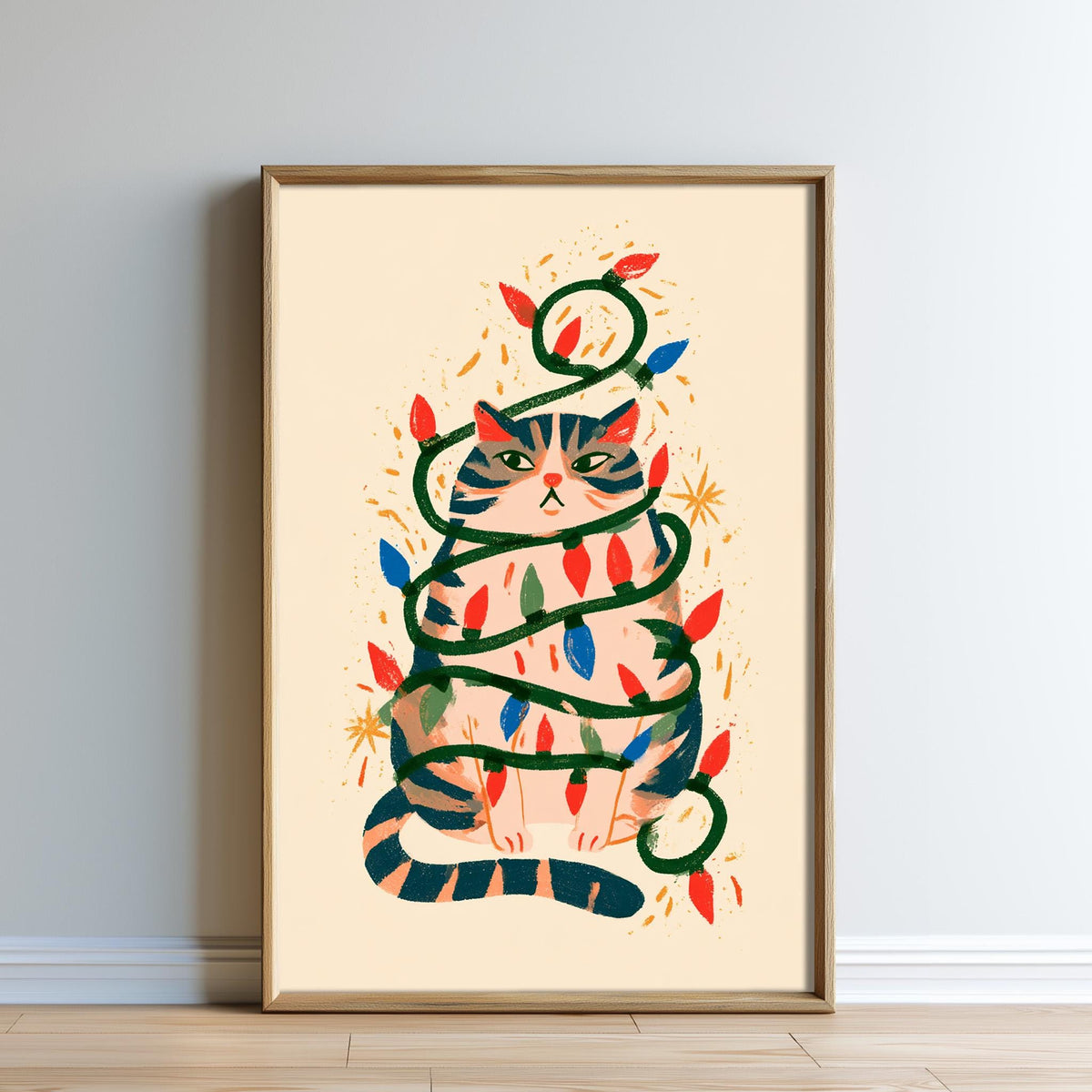 A framed illustration of a cat sitting in a tree, surrounded by colorful lights and decorations, creating a festive and whimsical scene.