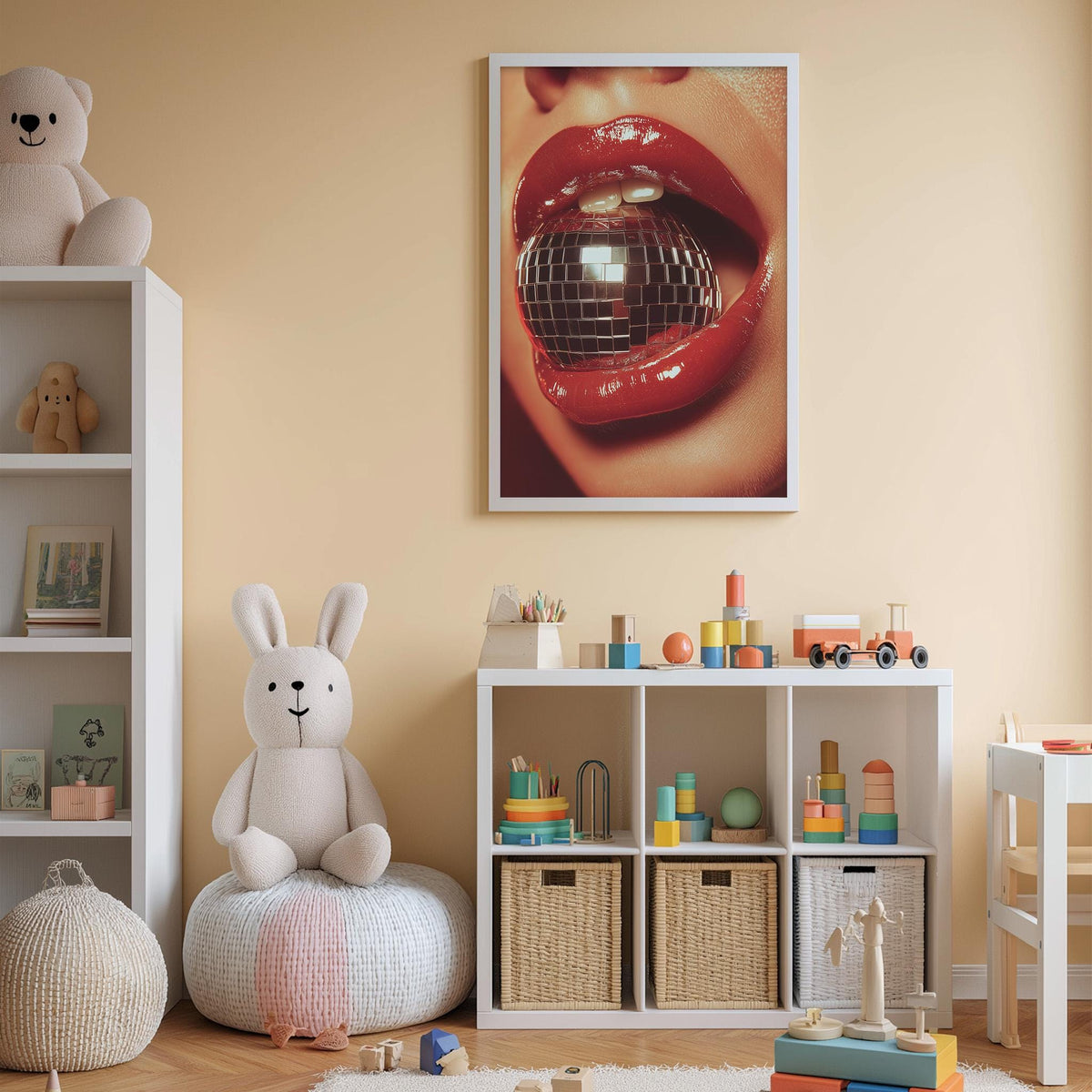 A child's bedroom with a white bookshelf, a stuffed rabbit, a toy train, and a framed image of a woman's open mouth with a disco ball.
