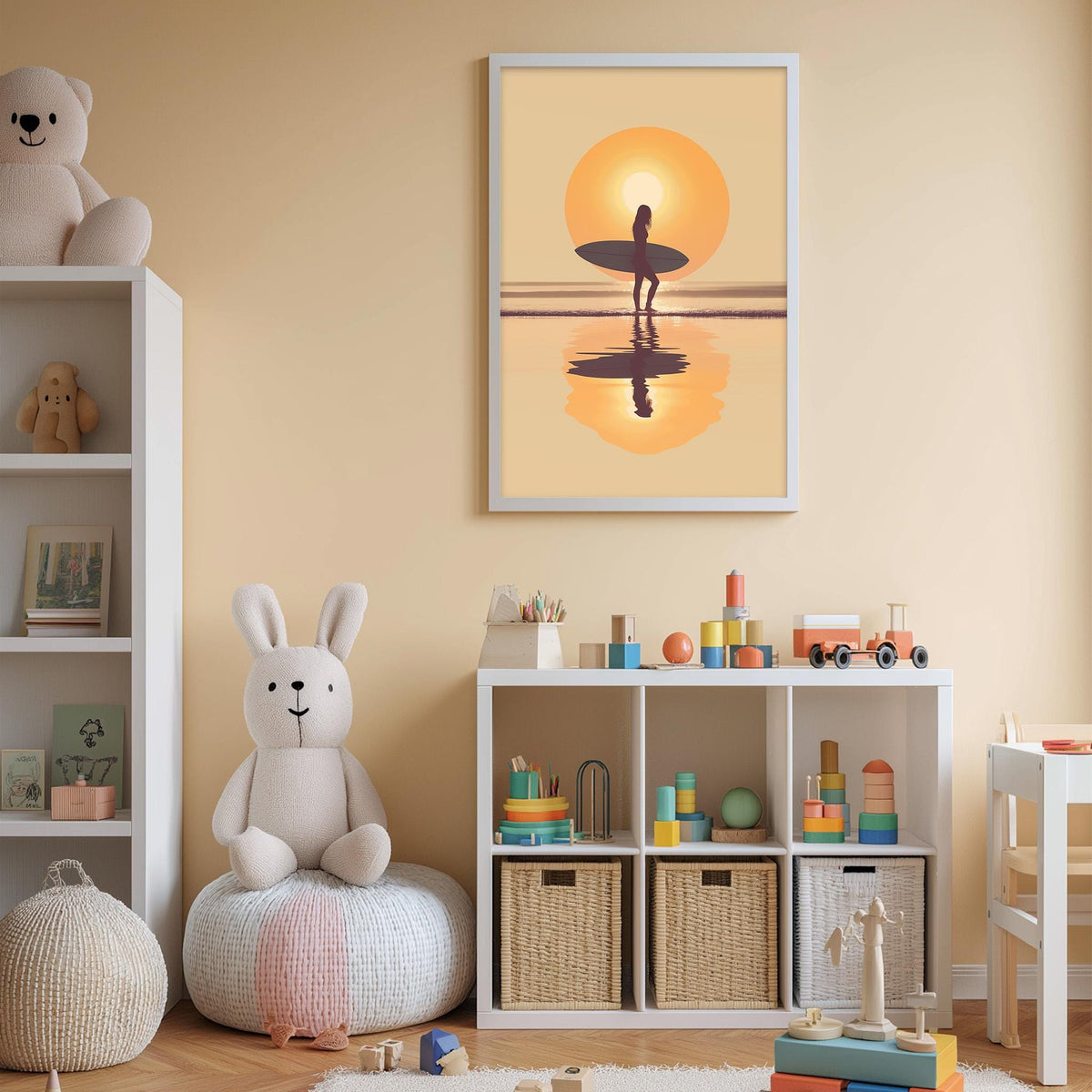 a child's bedroom with a white bookshelf, a stuffed bunny, a toy train, and a framed picture of a surfer on the wall.