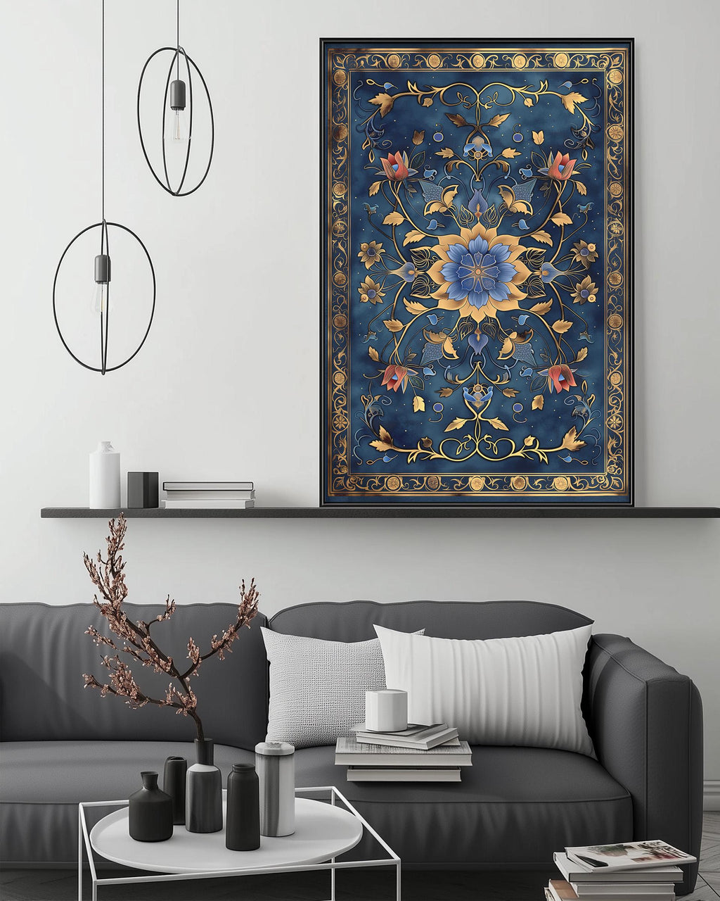 a modern living room with a gray sofa, a coffee table, and a large framed artwork with a blue and gold floral design hanging on the wall above the sofa.