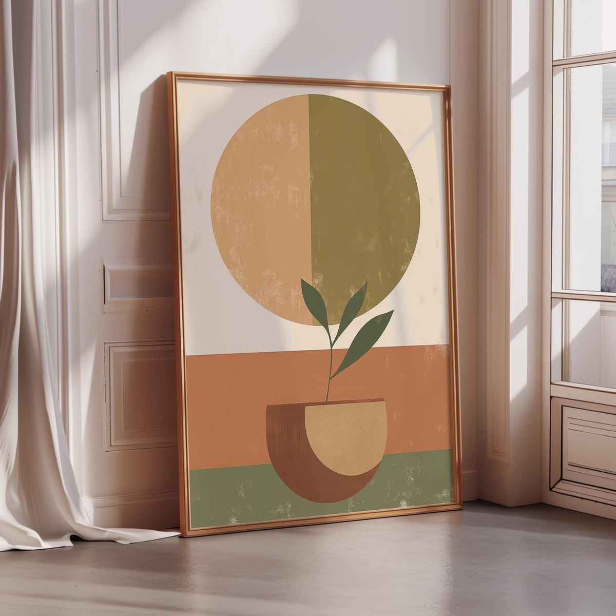 a large abstract painting of a plant in a pot, displayed on a wall in a room with a window.