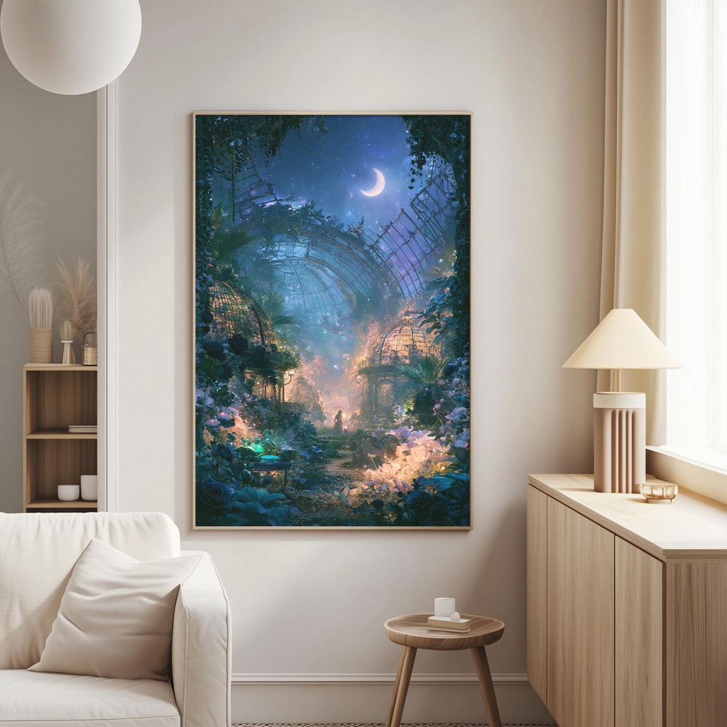 a large, colorful painting of a fantastical, magical forest scene hanging on a wall in a living room.