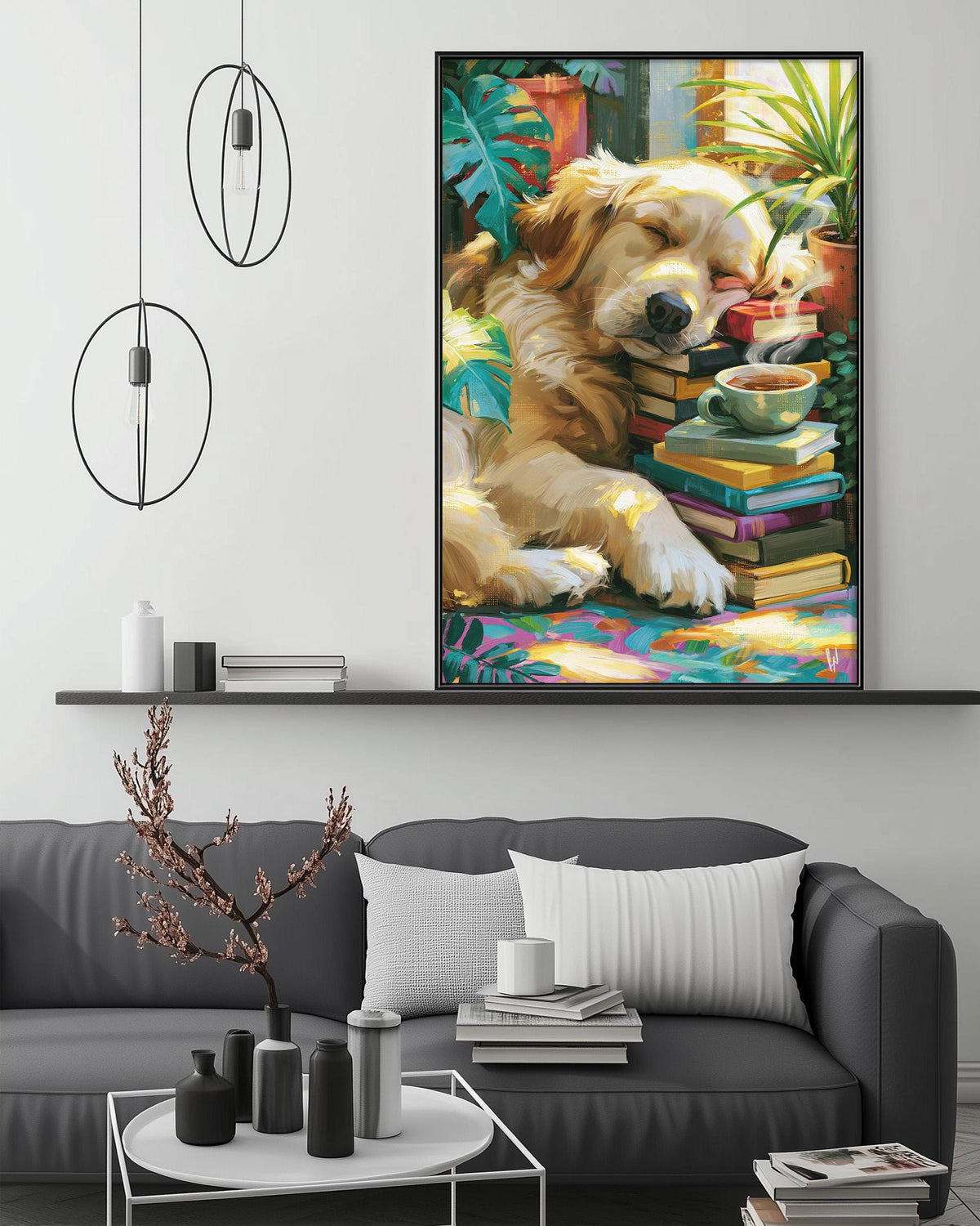 a cozy living room with a gray couch, a coffee table, and a large framed painting of a golden retriever dog resting on a stack of books.