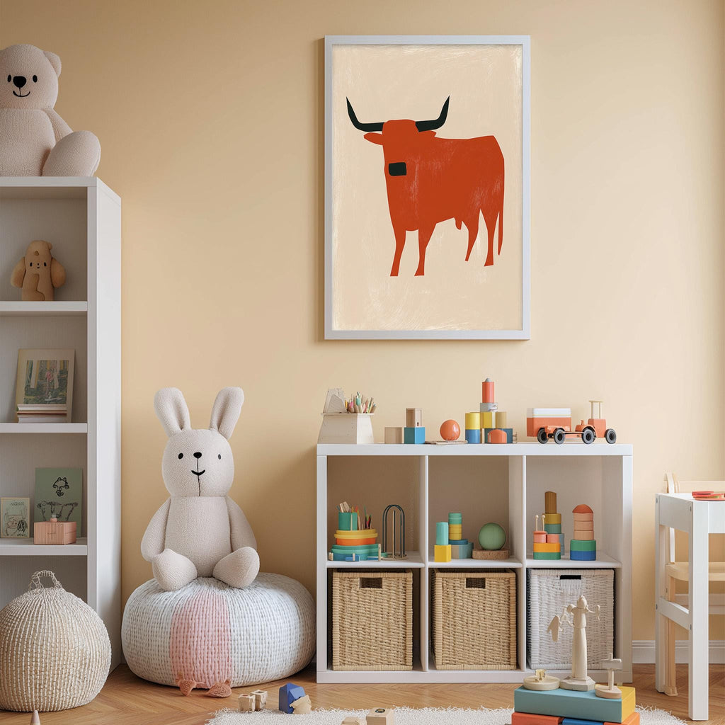 A child's bedroom with a white bookshelf, a stuffed rabbit, a framed picture of a bull, and various toys and storage bins.