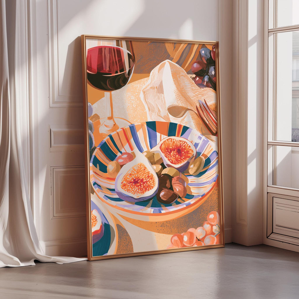 a vibrant and colorful painting of a bowl of fruit, including grapes and figs, set against a backdrop of a wine glass and a decorative vase.