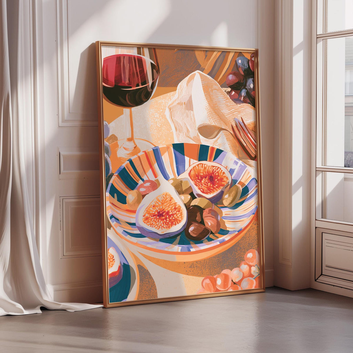 a vibrant and colorful painting of a bowl of fruit, including grapes and figs, set against a backdrop of a wine glass and a decorative vase.