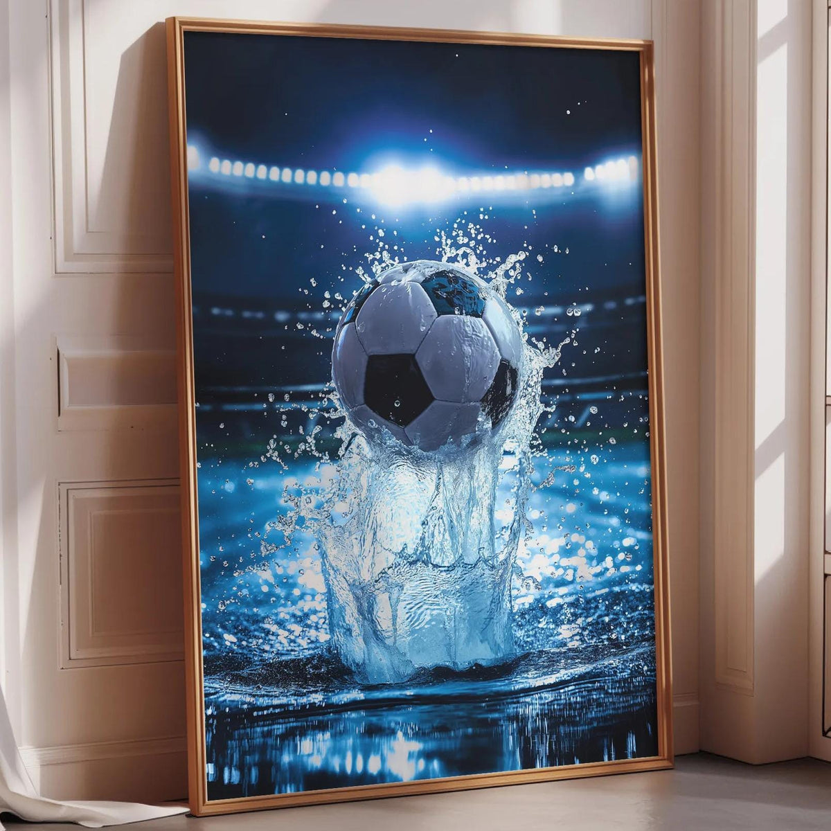 A framed image depicting a soccer ball in mid-air, surrounded by splashing water, with a stadium in the background.