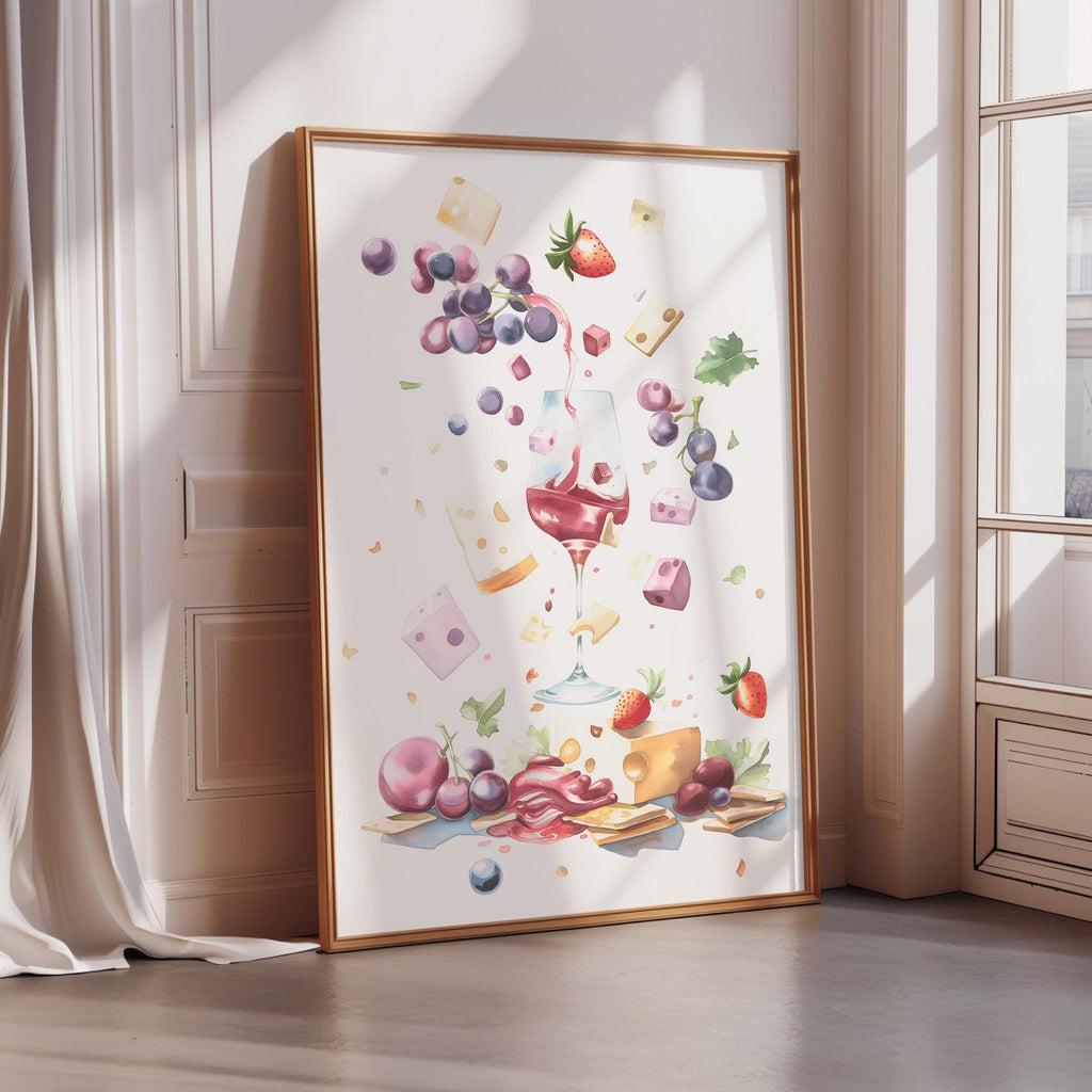 The image is a framed artwork depicting various food items, including grapes, cheese, and a wine glass, arranged in a visually appealing manner.