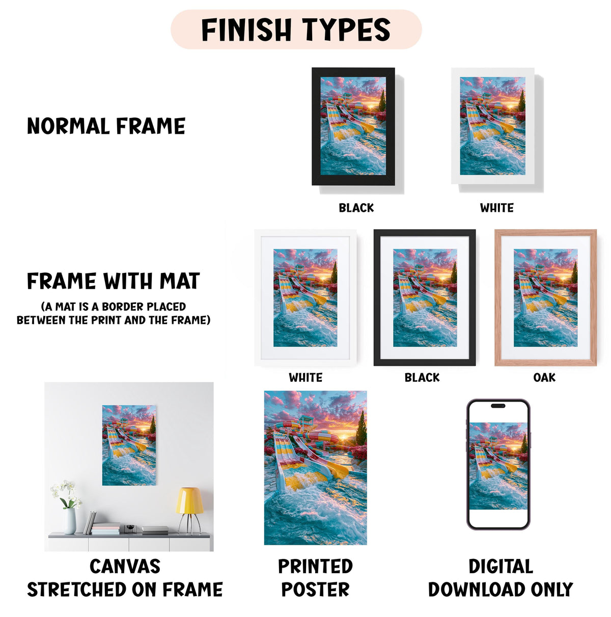 various types of artwork, including a canvas stretched on a frame, a framed poster, and a digital poster. The artwork is presented in different frame colors, such as black, white, and orange. The image also includes a smartphone and a lamp, suggesting that the artwork may be displayed in a living space or a gallery setting.