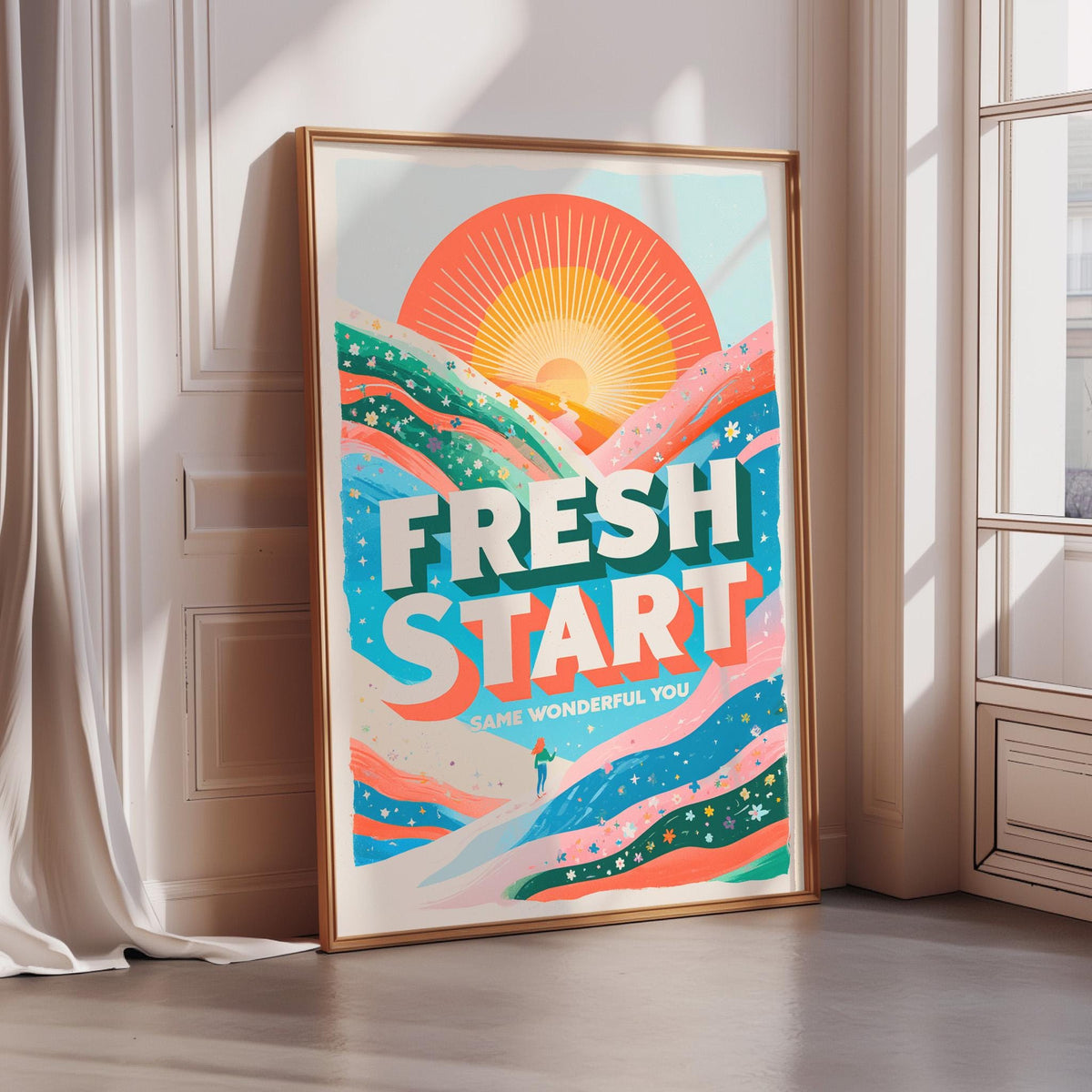 a vibrant poster with a sun and mountains, and the text "FRESH START" prominently displayed.