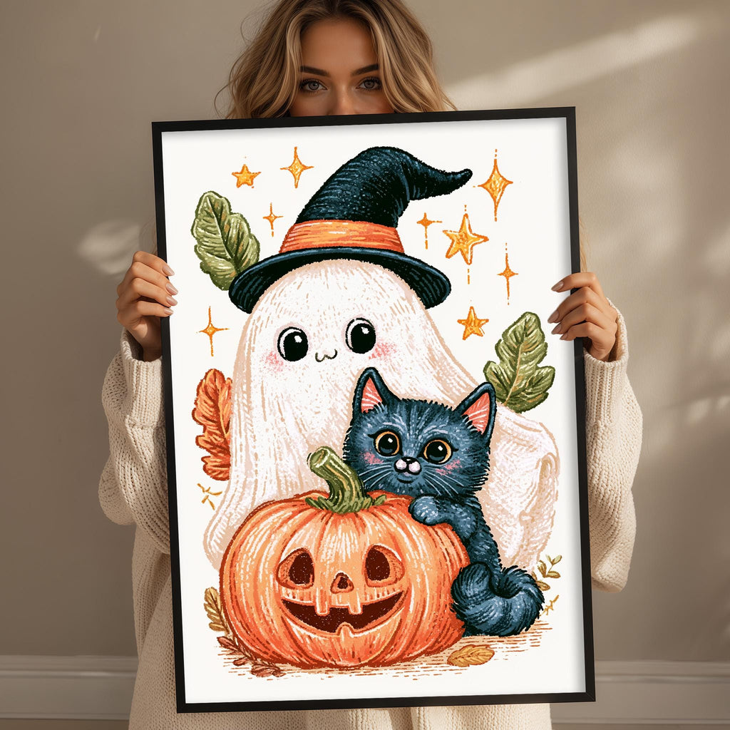 A woman holds up a framed illustration depicting a ghost, a cat, a pumpkin, and leaves, all set against a Halloween-themed background.