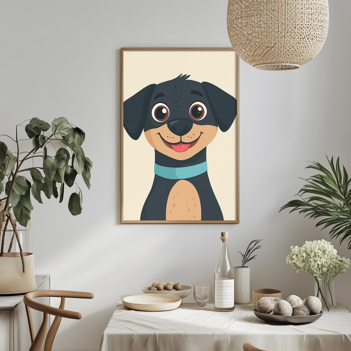 a framed illustration of a cartoon dog with a blue collar, hanging on a wall above a dining table with various decorative items and plants.