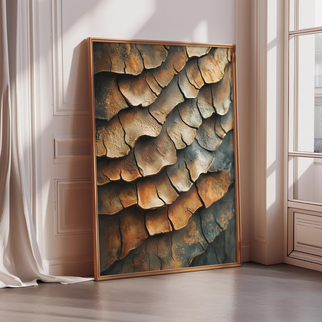 a large framed picture with a textured, multicolored background, placed on a wooden floor in a room with a window.