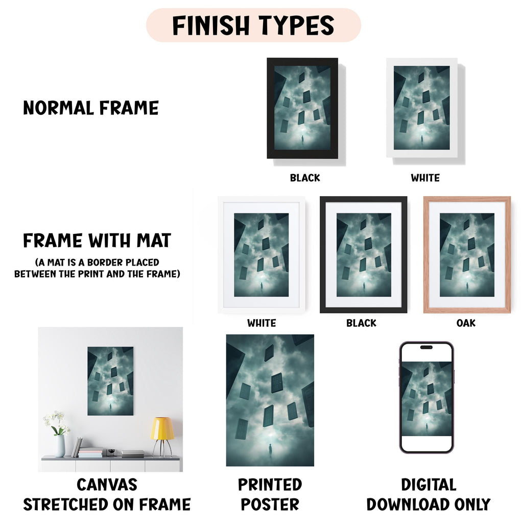 various types of artwork, including a normal frame, a frame with a mat, a white frame, a black frame, an oak frame, a canvas stretched on a frame, a printed poster, and a digital download only.