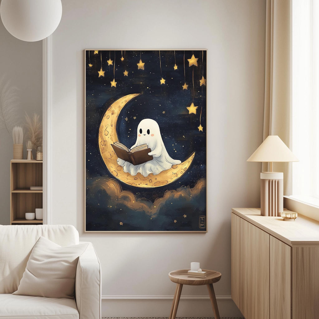 a cozy living room with a large framed artwork depicting a ghost reading a book while floating on a crescent moon against a starry night sky.