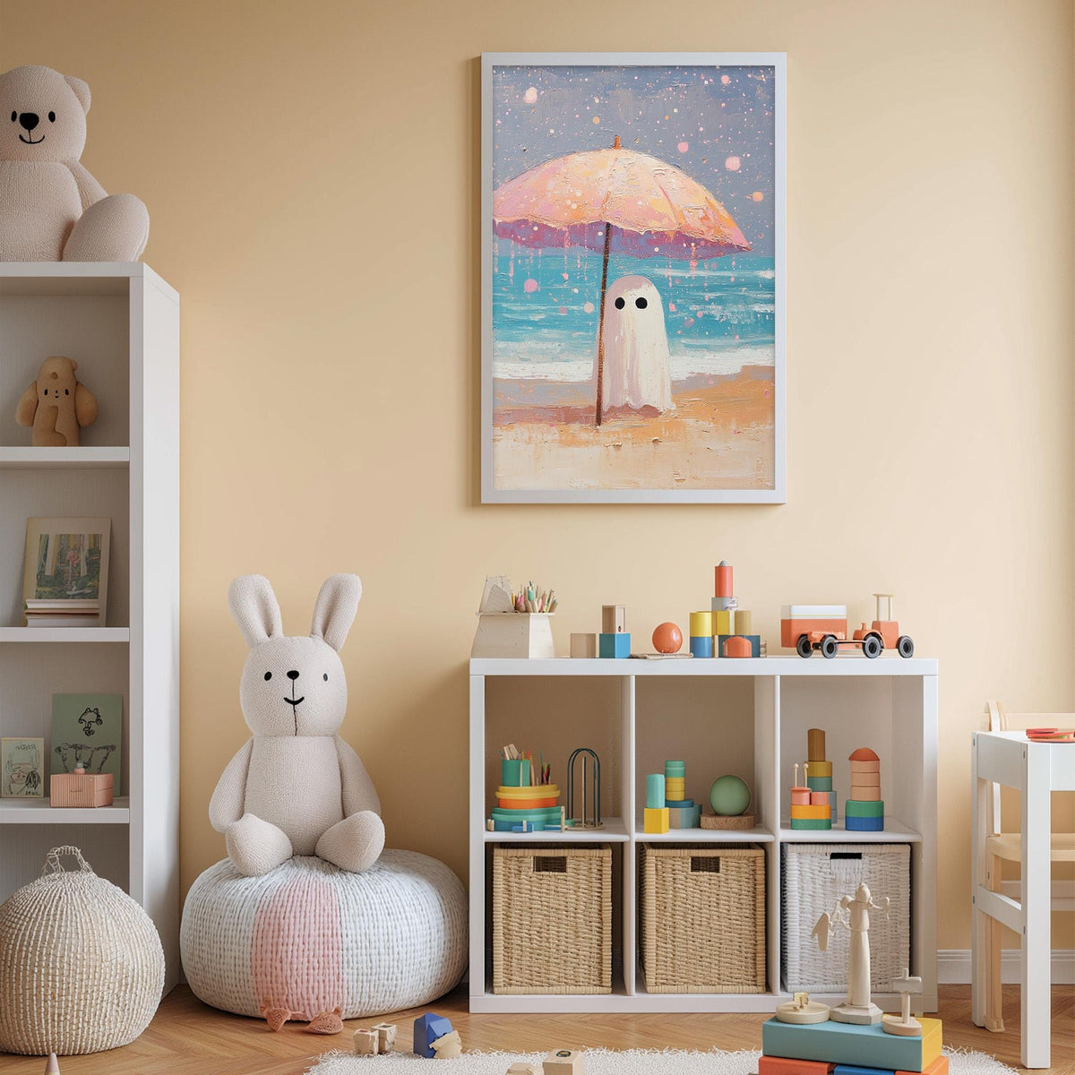 A cozy children's room with a white bookshelf, a plush bunny, a colorful toy box, and a framed picture of a ghost under an umbrella.