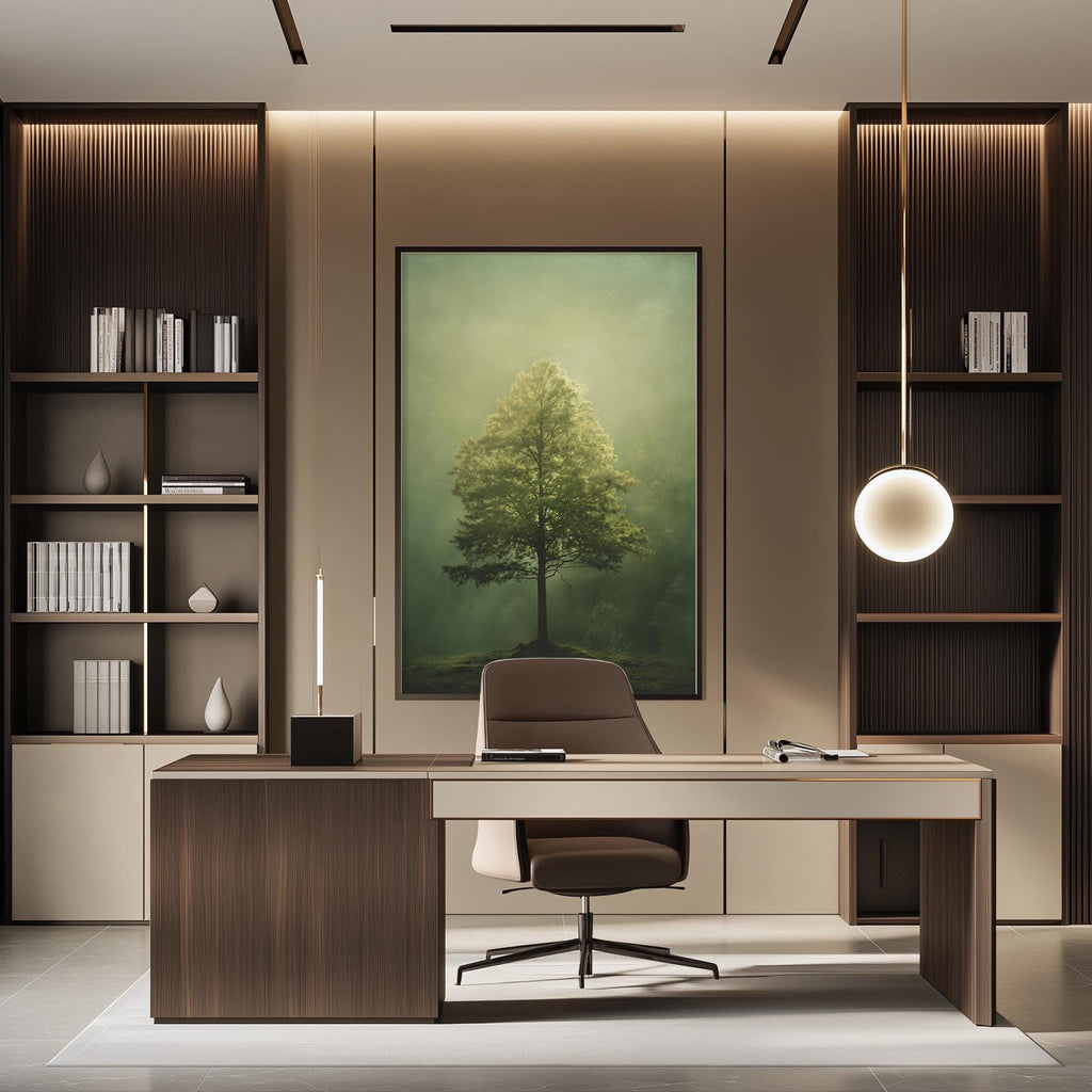 a modern and minimalist office space with a large tree painting on the wall, a wooden desk, and a comfortable-looking chair.