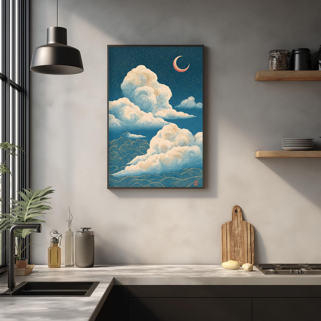a kitchen counter with various items on it, such as a cutting board, a bottle, and a vase. Above the counter, there is a framed painting of a night sky with clouds and a crescent moon.