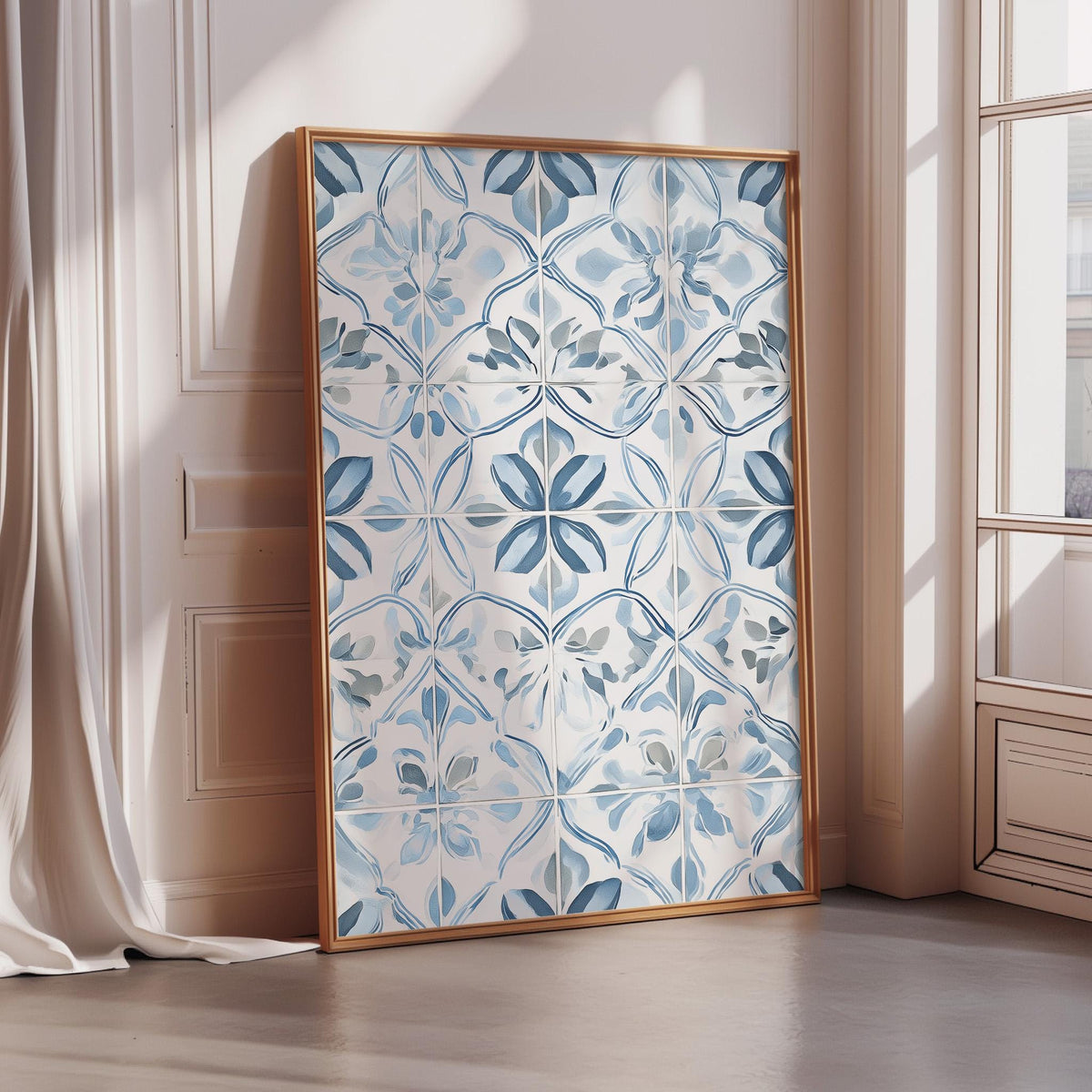 a large, ornate, and intricately designed blue and white tile pattern, which appears to be a framed artwork or a decorative piece. The artwork is placed in a corner of a room, with a window nearby, creating a visually appealing and harmonious display.