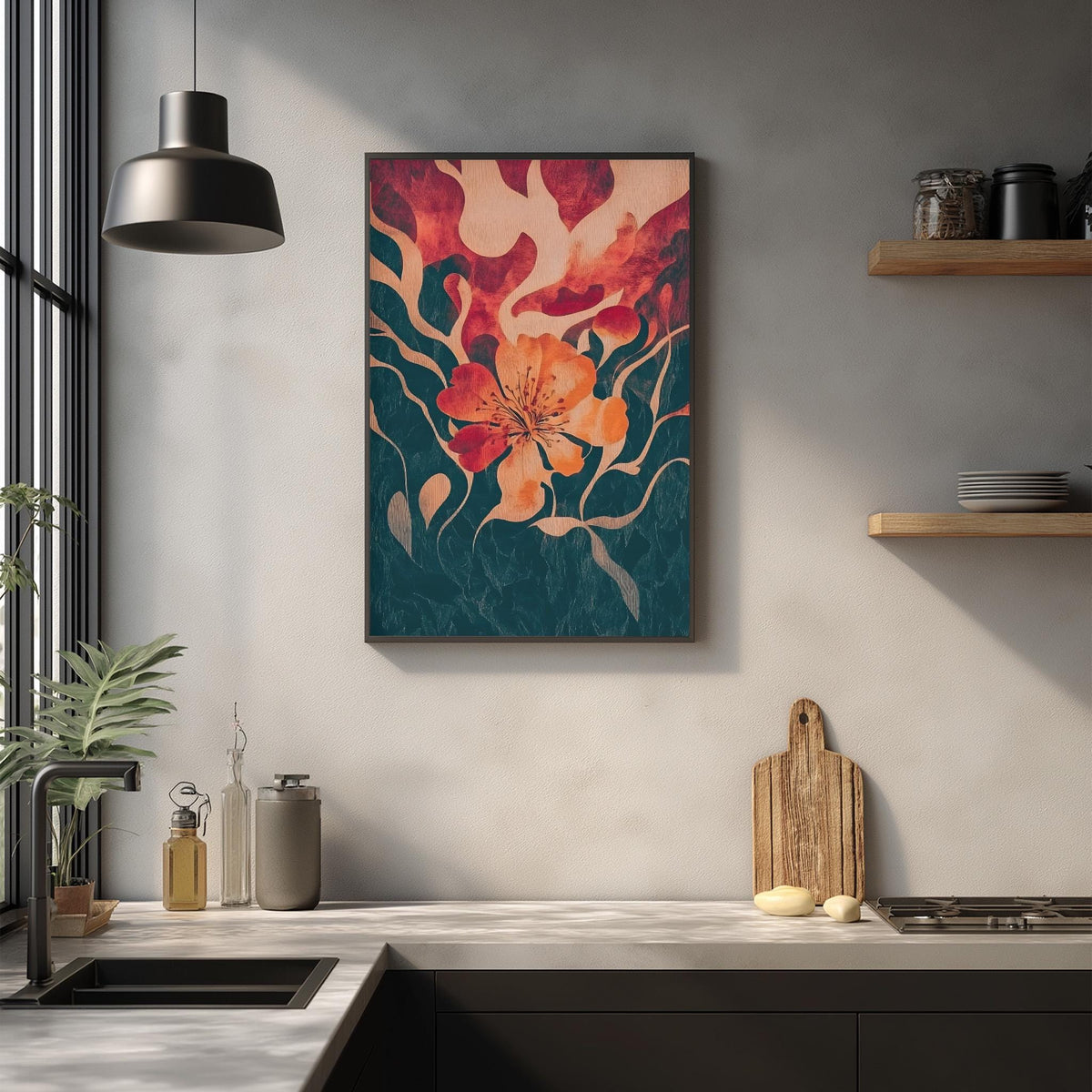 a modern kitchen with a large, colorful abstract painting hanging on the wall above a wooden cutting board and other kitchen items.