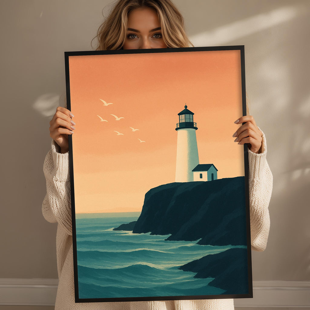 A woman holds up a framed picture depicting a lighthouse on a cliff overlooking the ocean, with a flock of birds flying in the sky.