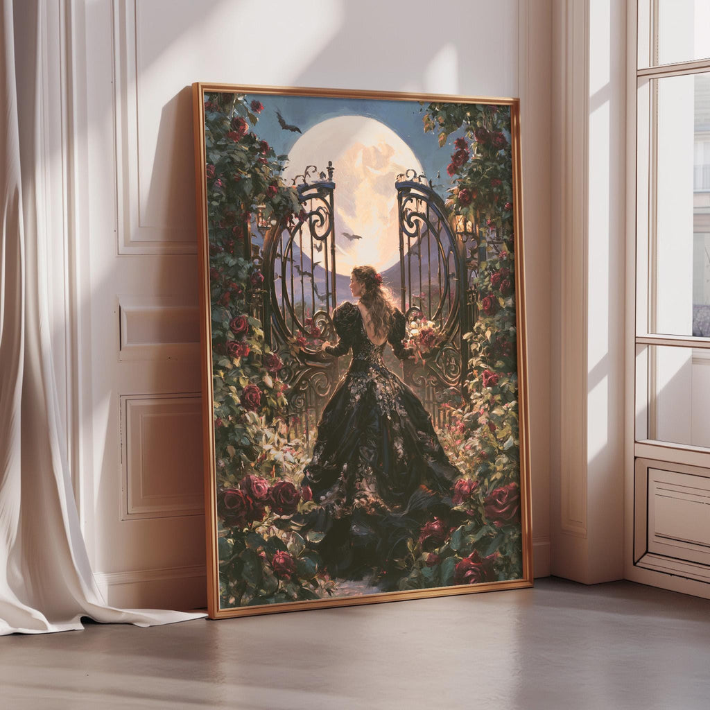 The image is a large painting depicting a woman in a black dress standing in front of a gate with a large moon behind it, surrounded by flowers and greenery.