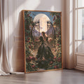 The image is a large painting depicting a woman in a black dress standing in front of a gate with a large moon behind it, surrounded by flowers and greenery.
