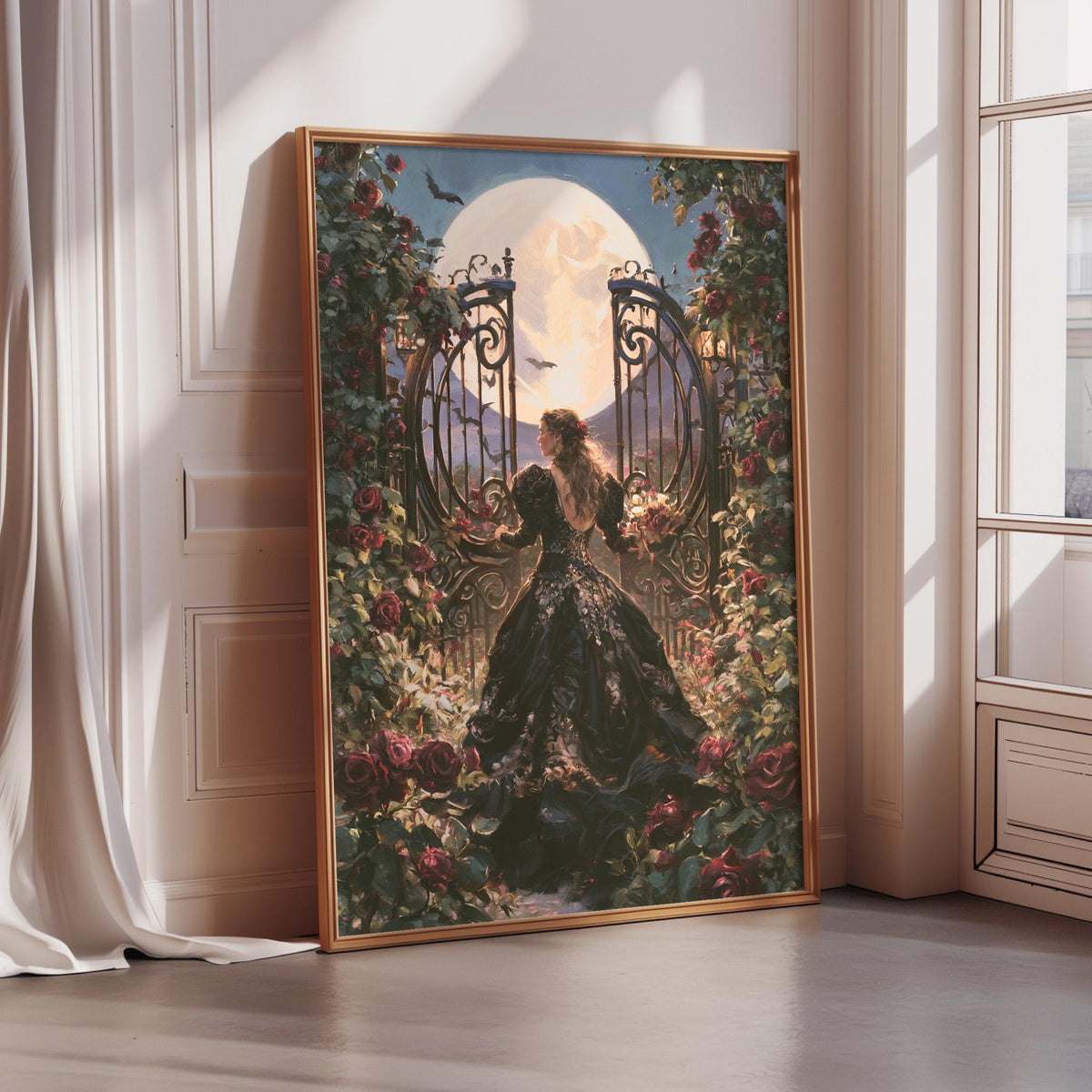 The image is a large painting depicting a woman in a black dress standing in front of a gate with a large moon behind it, surrounded by flowers and greenery.