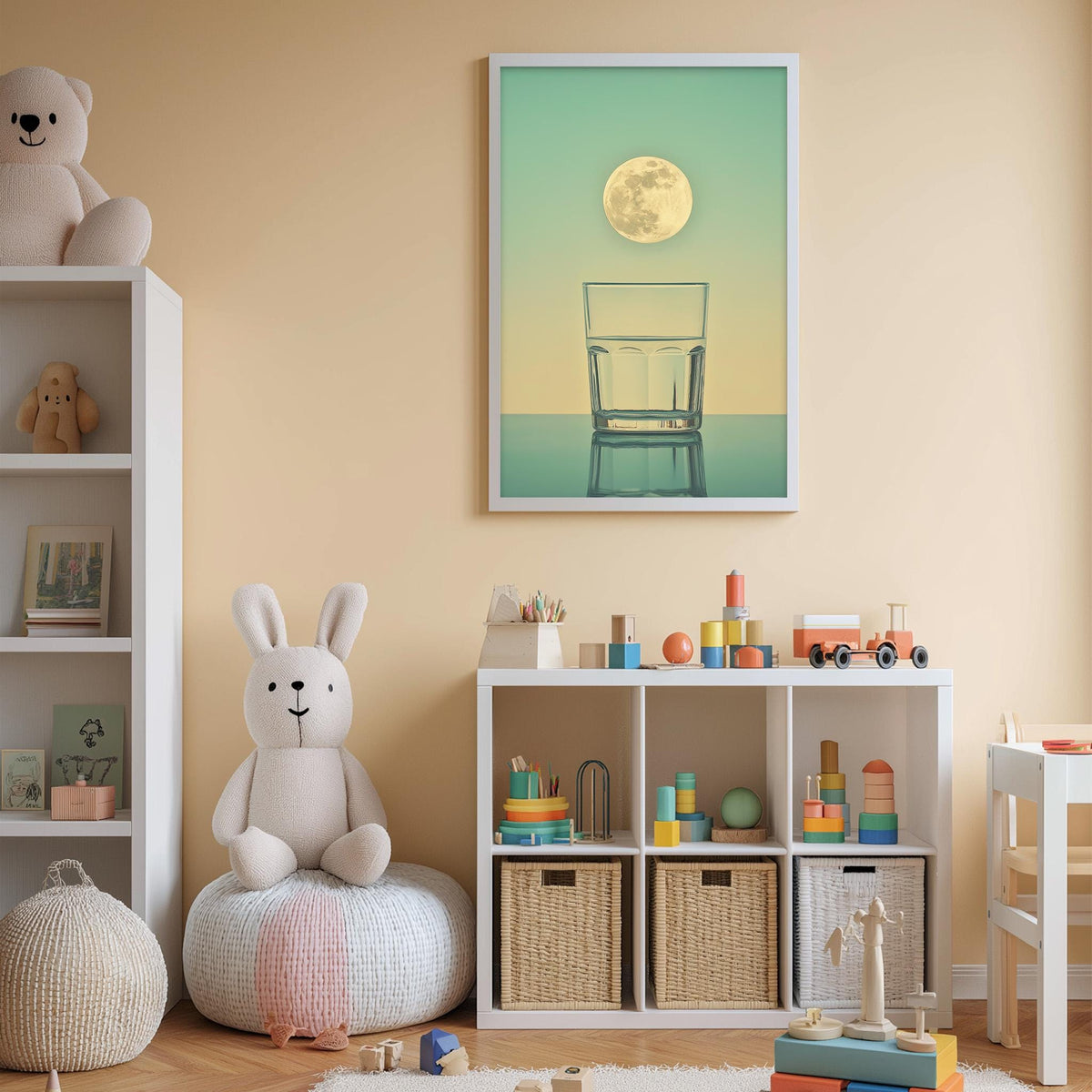 A cozy children's room with a white bookshelf, a plush rabbit, and a colorful toy box filled with toys. A framed picture of a glass and a full moon hangs on the wall, creating a serene and imaginative atmosphere.