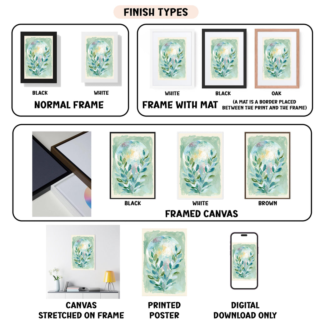 The image is a collection of different finish types for framed artwork, including canvas, printed poster, and digital download.