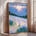 a large, framed painting depicting a serene landscape with two cats walking through a field of tall grass and flowers.