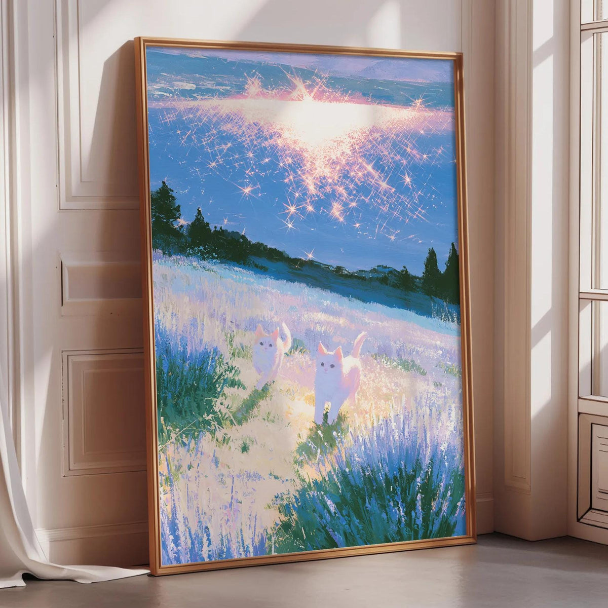 a large, framed painting depicting a serene landscape with two cats walking through a field of tall grass and flowers.