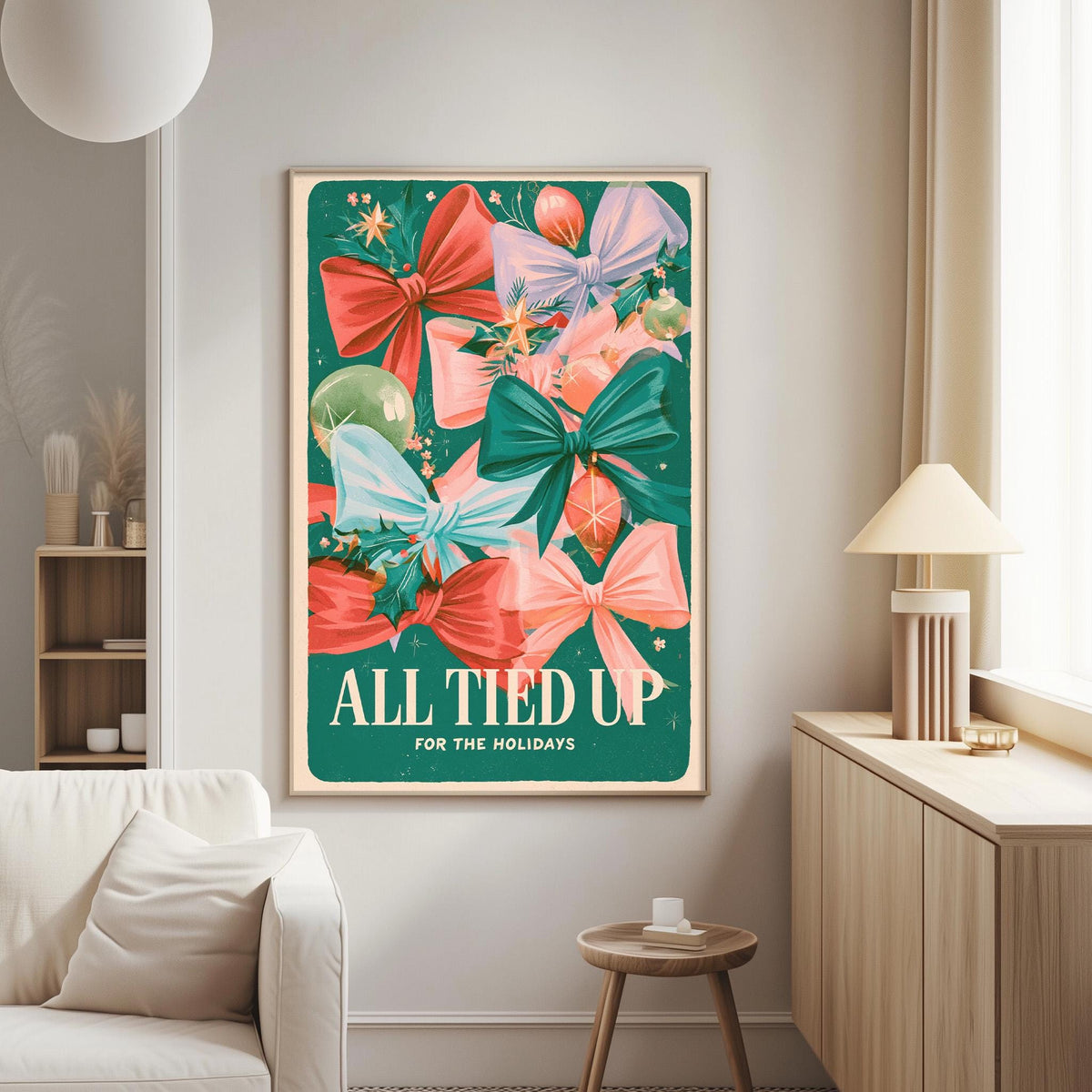 a living room with a large framed poster hanging on the wall, depicting a colorful arrangement of bows and flowers.