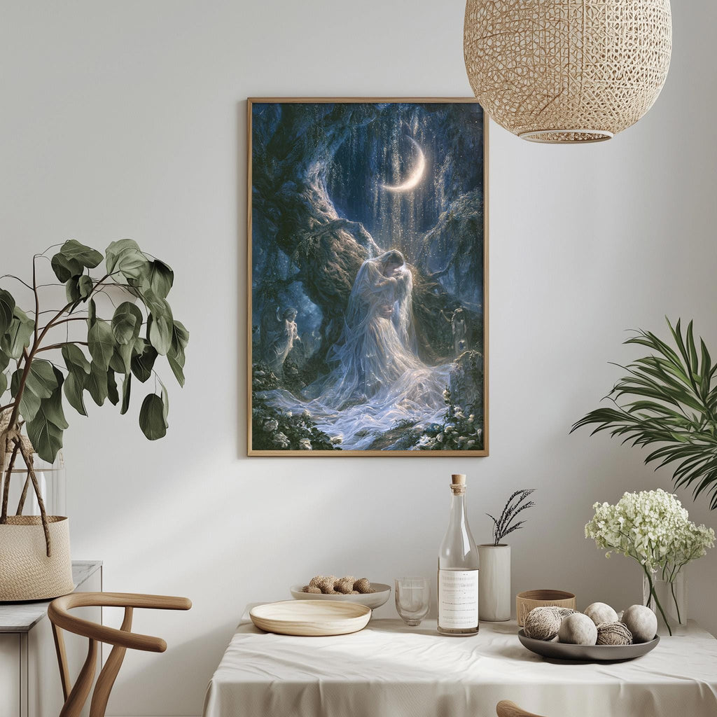 a serene and ethereal scene of a waterfall cascading down a rocky cliff under a crescent moon, with a woman standing in the mist. The painting is hung on a white wall above a table set with various items, including a bottle, a bowl, and a vase. The table is surrounded by chairs, creating a cozy and inviting atmosphere.