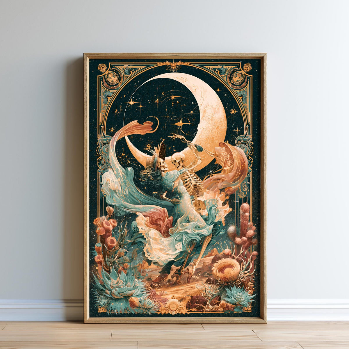 The image is a framed artwork depicting a surreal and fantastical scene with a crescent moon, flowers, and other organic elements.