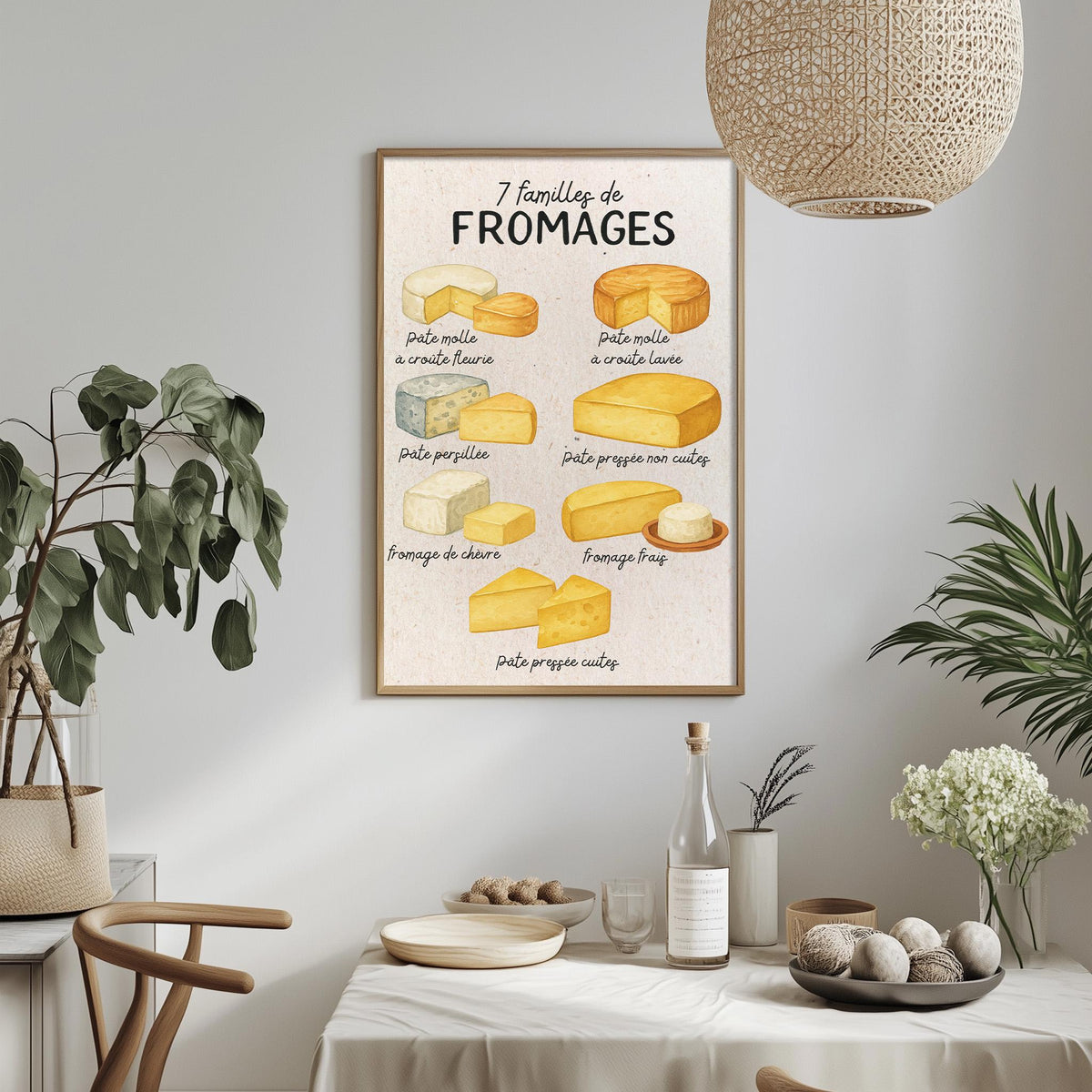 a poster of various types of cheese hanging on a wall, with a dining table and chairs in the foreground.