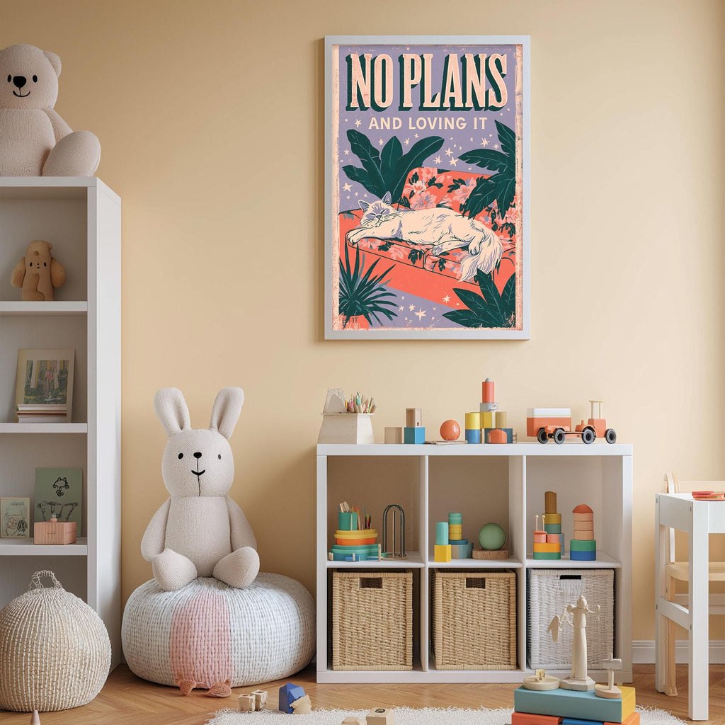 A child's bedroom with a white bookshelf, a stuffed rabbit, and a colorful poster on the wall.