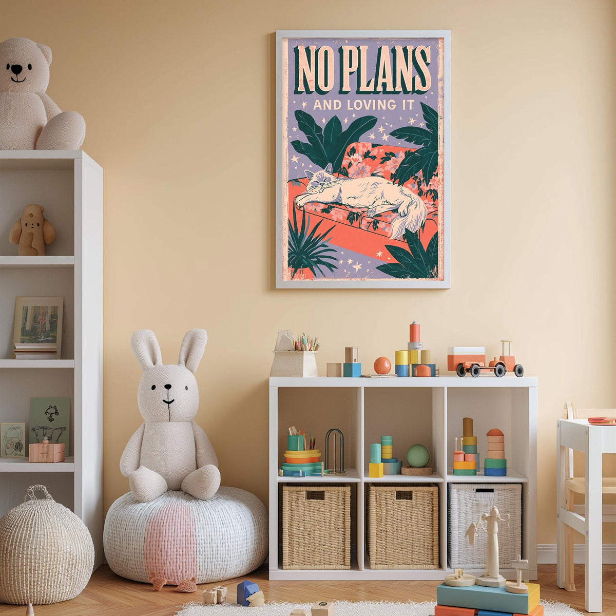 A child's bedroom with a white bookshelf, a stuffed rabbit, and a colorful poster on the wall.