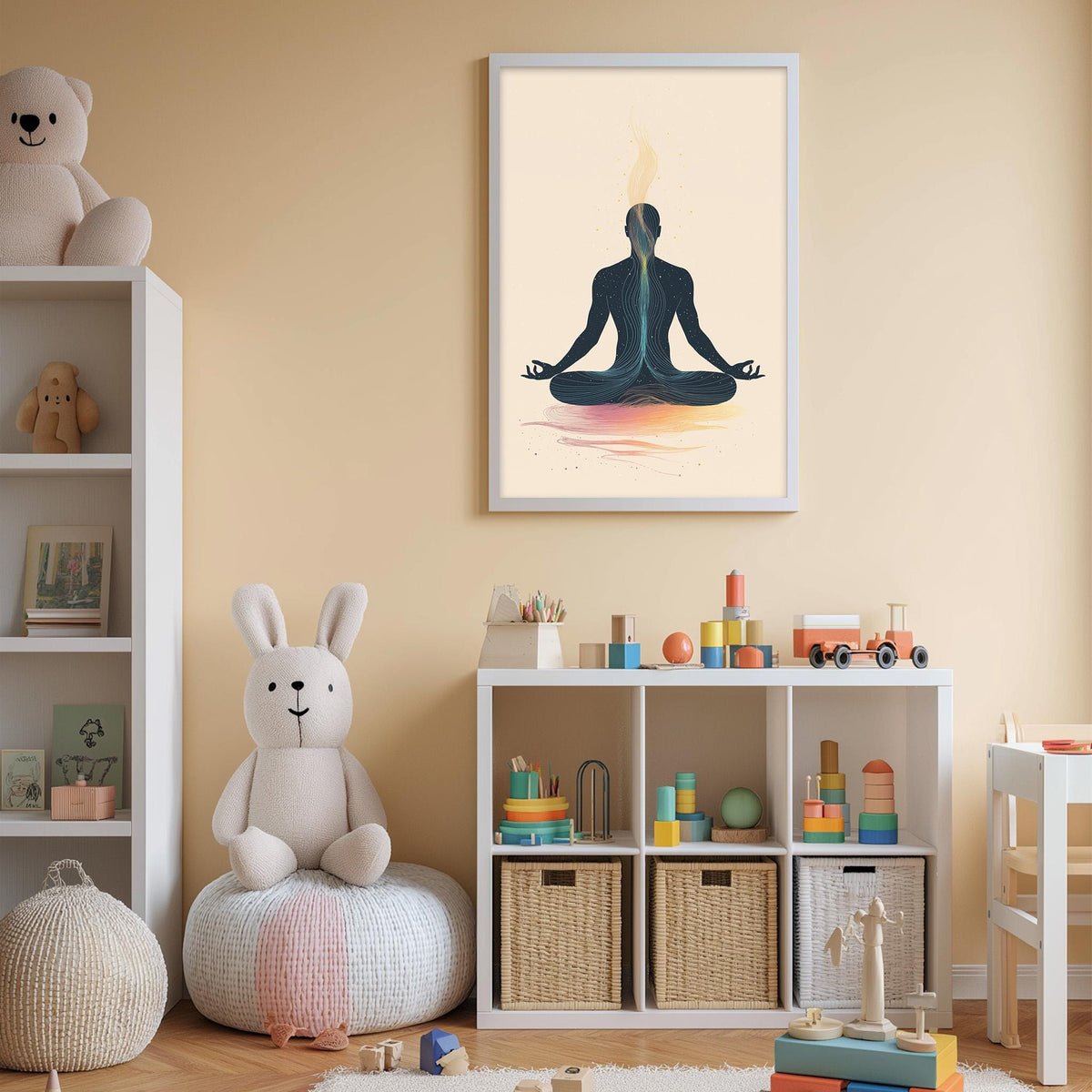 a child's bedroom with a yoga pose on the wall, a stuffed rabbit, a bookshelf, and a toy chest filled with toys.