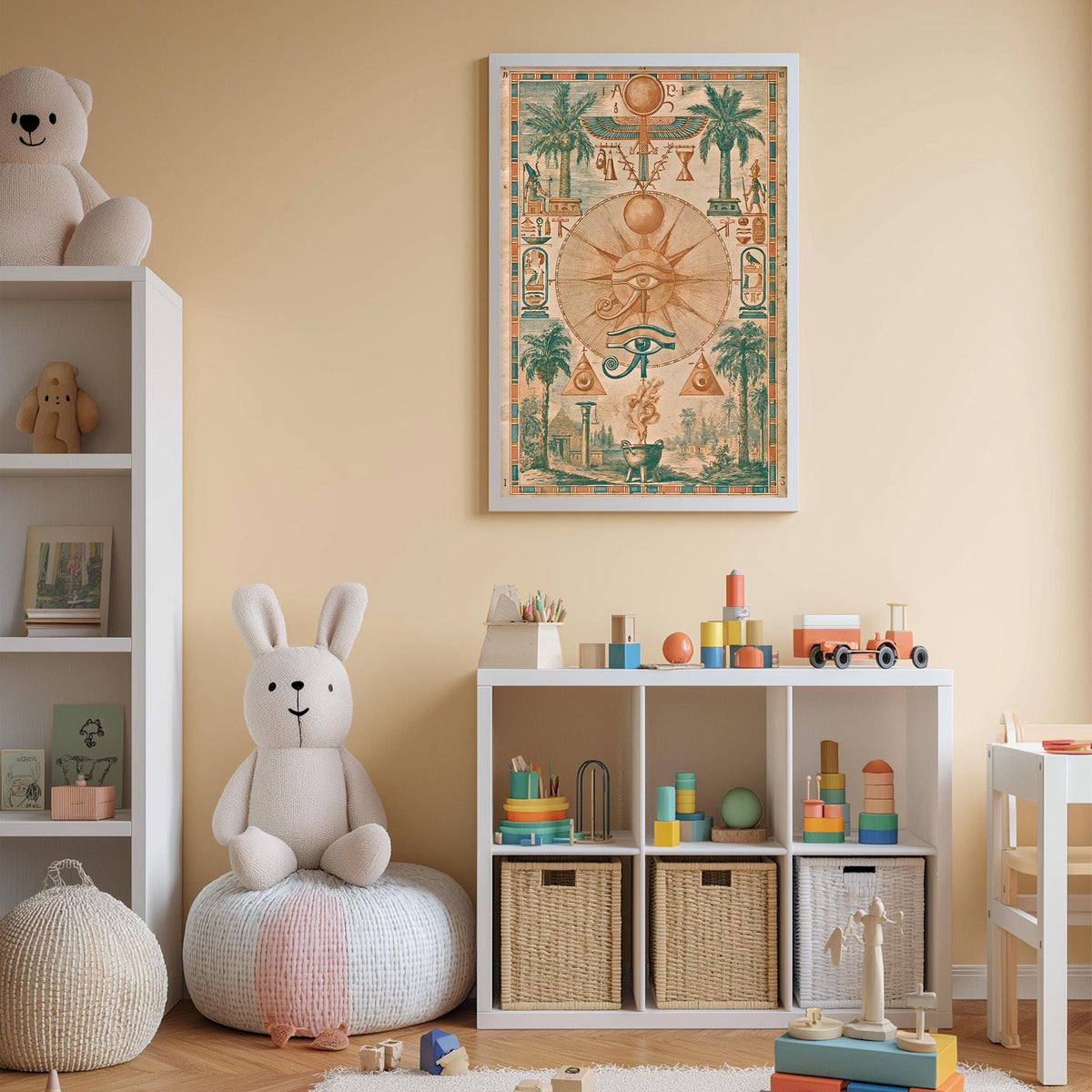 A cozy and colorful children's bedroom with a large stuffed rabbit, a bookshelf, and a toy storage unit filled with toys and books.