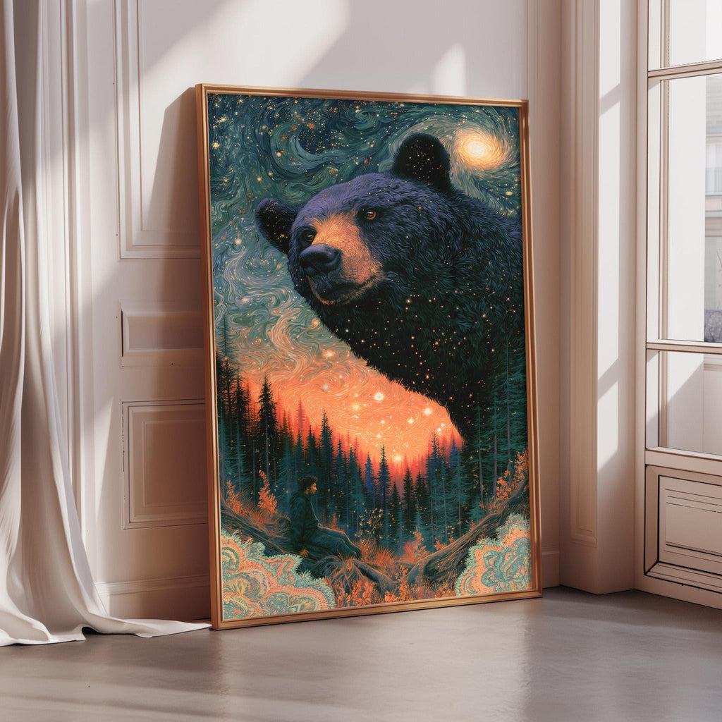 a large, framed painting of a bear against a night sky backdrop, with a forest scene below.
