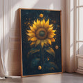 A framed painting of a large, vibrant sunflower with a starry background is displayed on a wall in a room with a window.