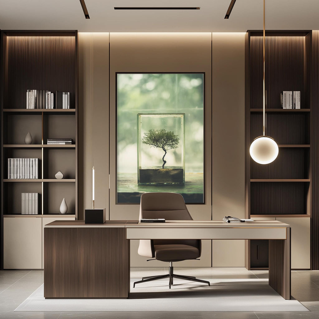 a modern and minimalist office space with a large window, wooden furniture, and a framed artwork of a tree on the wall.