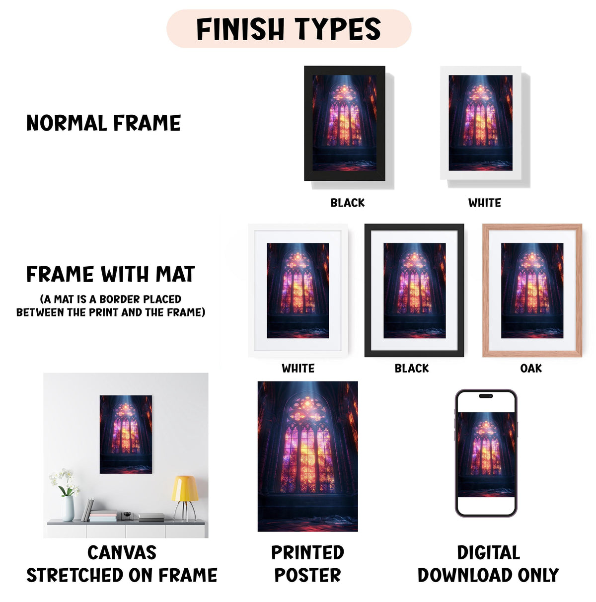 various types of artwork, including a normal frame, a frame with a mat, a white frame, a black frame, an oak frame, a white canvas stretched on a frame, a printed poster, and a digital download only.
