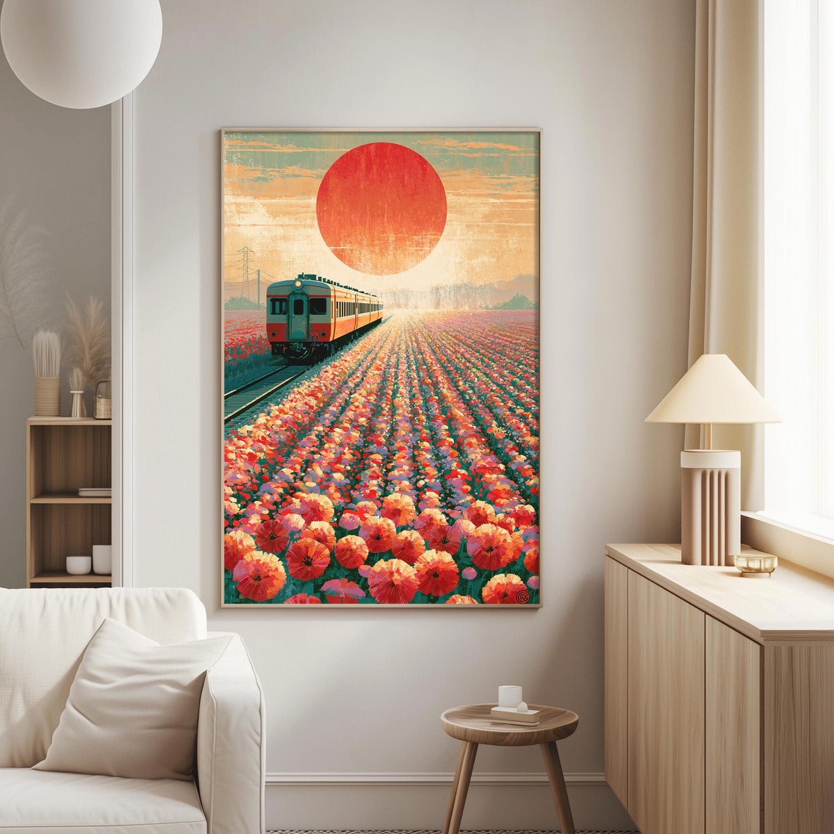 a large, colorful painting of a train traveling through a field of flowers, with a large sun in the background.
